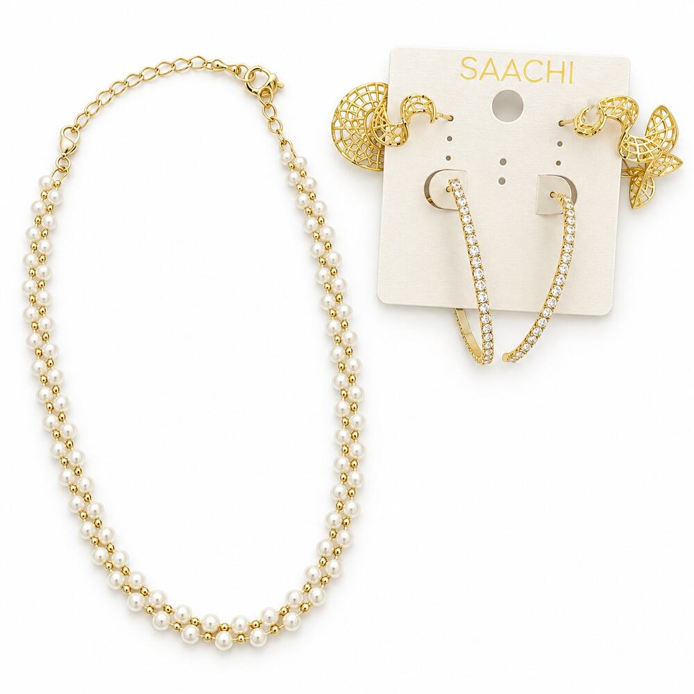 Saachi Gold Tone Pearl Necklace Hoop Statement Earrings Jewelry Set
